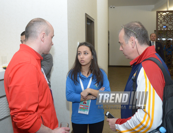 Bakıda batut gimnastikası üzrə Dünya Kubokuna gəlmiş nümayəndə heyəti rəhbərləri və üzvləri ilə görüş. Azərbaycan, 4 mart, 2016